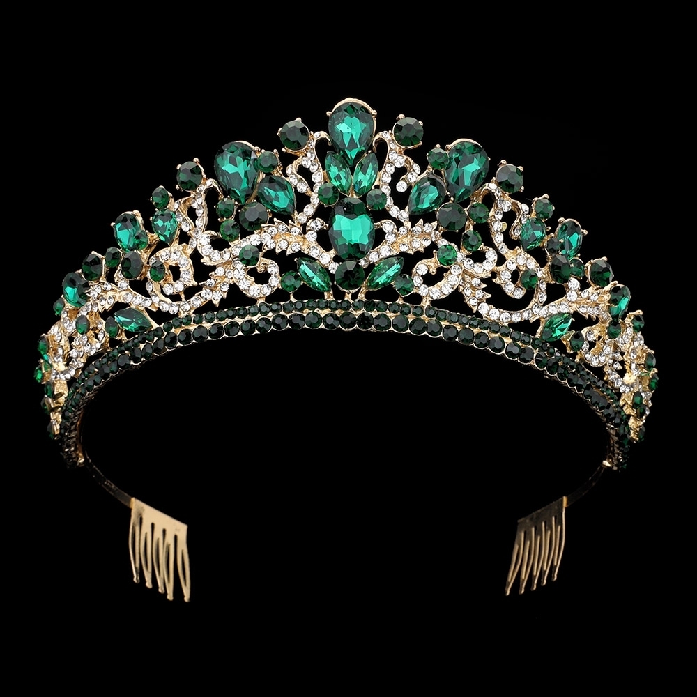 Emerald Green Crystal Princess Crown Cluster Oval Teardrop Rhinestone Tiara